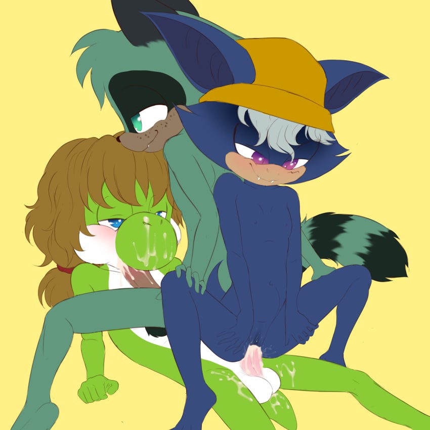 1:1 2025 5_fingers absurd_res andromorph anthro bat beanie blue_eyes bodily_fluids clothing crafty_echo cum cum_in_mouth cum_in_pussy cum_inside cum_on_face cuntboy dashthecheetah fan_character fellatio fingers fur genital_fluids geoff_(yoshi) green_body green_fur green_scales group hair hat headgear headwear hi_res intersex intersex/male male male/male mammal mario_(series) mario_bros markings nintendo oral penile ponytail procyonid purple_eyes raccoon scales sex shifty_vinny striped_markings striped_tail stripes super_mario_bros. tail tail_markings toontown_corporate_clash toontown_online toony trio vaginal_penetration white_hair yoshi