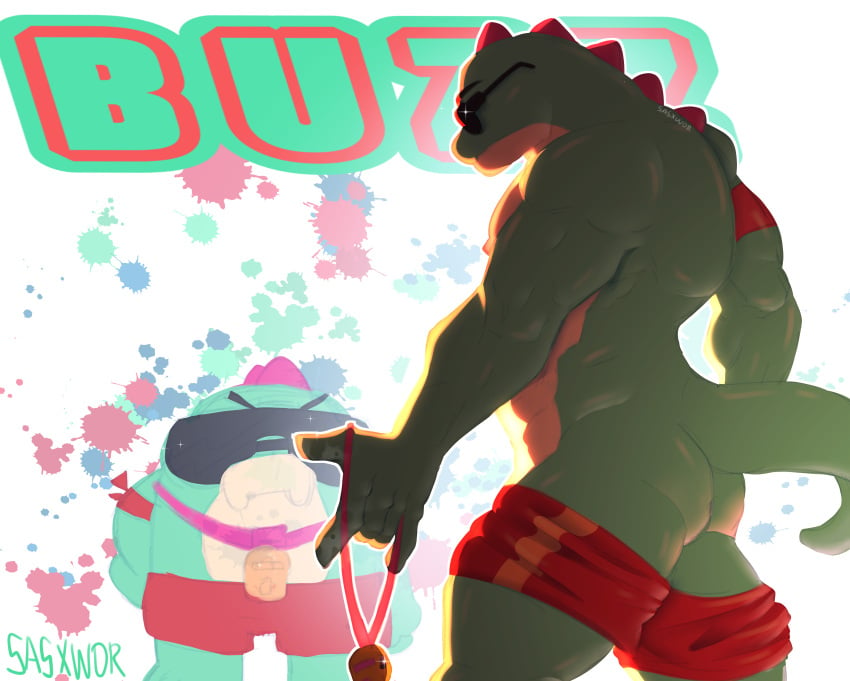 anthro ass brawl_stars buzz_(brawl_stars) colored crocodile dinosaur glasses green_skin lizard male shorts solo solo_male