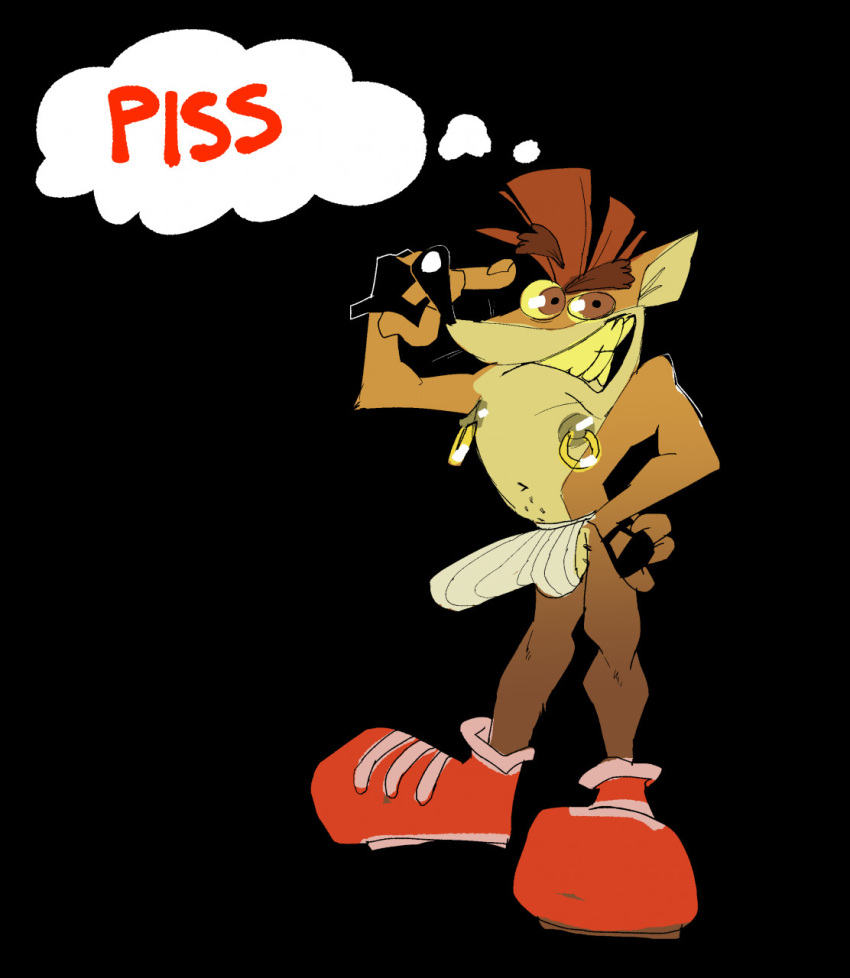 1boy 2020s 2021 anthro balls bandicoot black_background bulge crash_(series) crash_bandicoot erection footwear jockstrap male male_only marsupial musk nipple_piercing nipples piercing senedjem_(artist) solo urine video_games