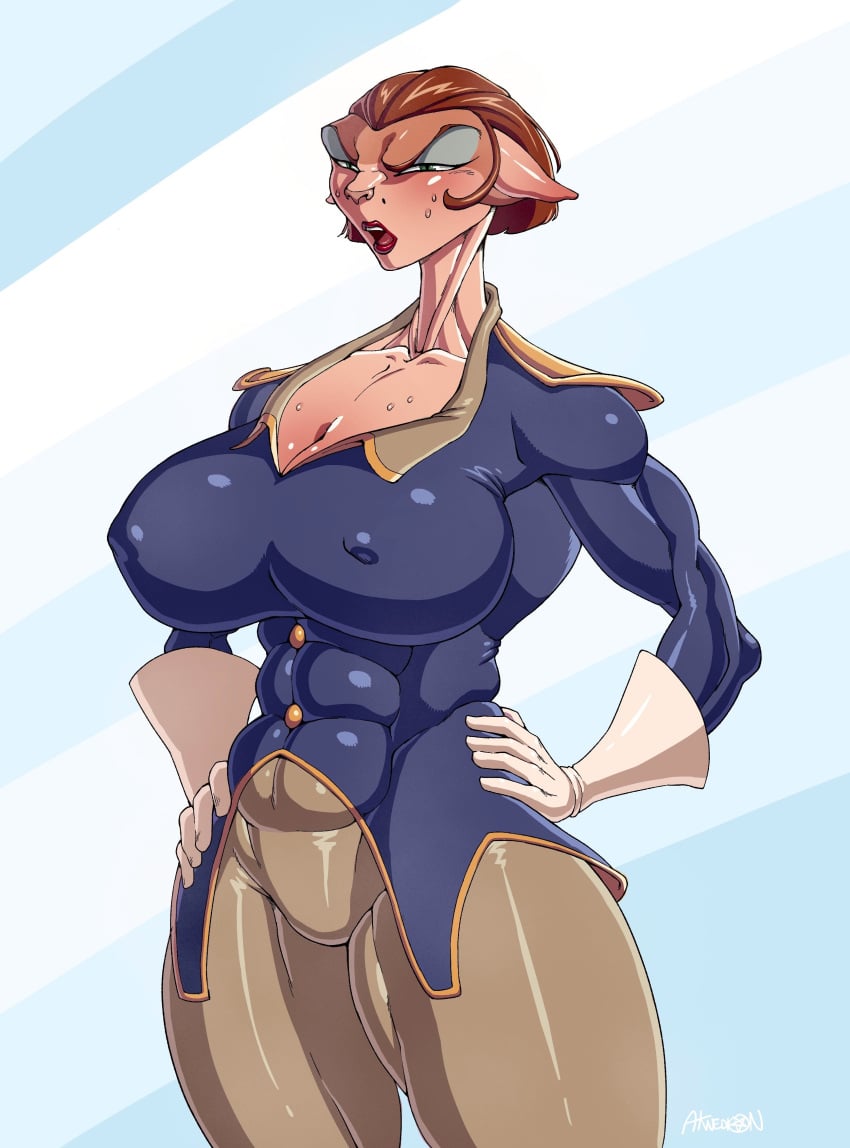 aknedion angry blushing_at_viewer captain_amelia cat_humanoid furry milf muscular_female nipples_visible_through_clothing sweat treasure_planet uniform venus_body