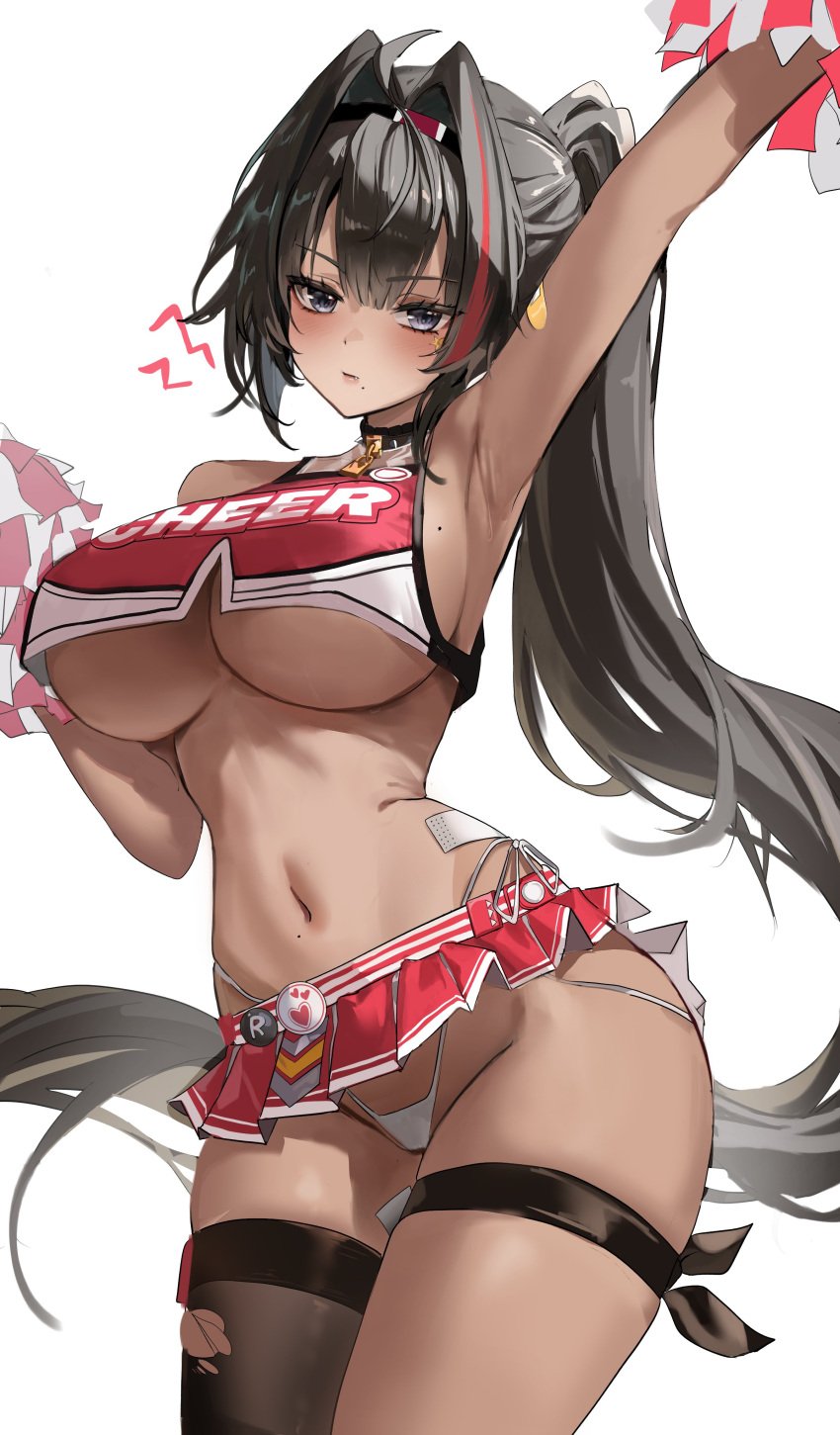 absurdres ahoge arm_up armpits bay_(nikke) black_eyes black_hair black_hairband black_thighhighs breasts cheerleader dark-skinned_female dark_skin fangs female goddess_of_victory:_nikke hair_intakes hairband highres holding holding_pom_poms large_breasts long_hair microskirt navel panties pink_skirt pom_pom_(cheerleading) pom_poms ponytail presenting_armpit revision single_thighhigh skirt solo stomach thigh_strap thighhighs thighs torn_clothes torn_thighhighs underboob underwear white_panties yam_s2