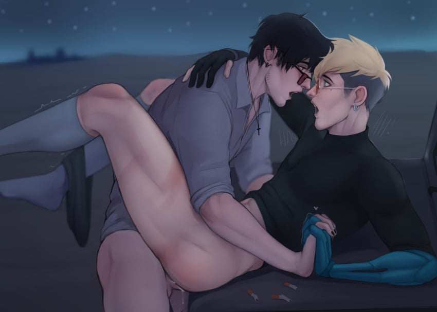 2boys anal anal_sex black_hair blonde_hair cigarette cum_in_ass earrings gay glasses holding_hands looking_at_partner male/male nail_polish nerizolikonotomie nicholas_d_wolfwood outdoors outside piercing shirt socks sunglasses trigun trigun_stampede twink vash_the_stampede yaoi