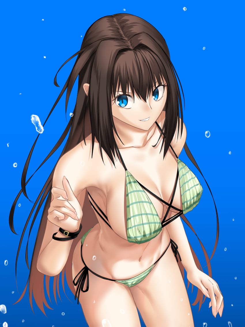 1girls aozaki_aoko big_breasts bikini blue_eyes blue_notuki breasts brown_hair busty cleavage female female_only from_above green_bikini highres large_breasts legs long_hair looking_at_viewer mahou_tsukai_no_yoru melty_blood navel parted_lips pose posing sensual side-tie_bikini_bottom sideboob smile solo swimsuit thighs toned toned_female tsukihime very_long_hair voluptuous water_drop