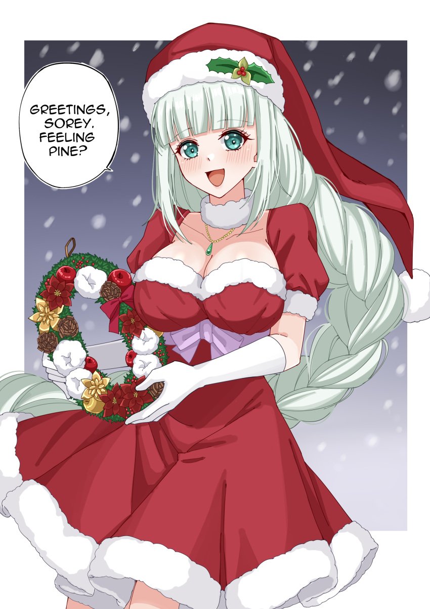 absurdres bilingual_commentary blush border breasts christmas christmas_wreath cleavage commentary commission english_commentary english_text female gloves green_eyes hat high_ponytail highres holding holding_wreath jewelry lailah_(christmas)_(tales) lailah_(tales) large_breasts long_hair looking_at_viewer mixed-language_commentary necklace open_mouth outdoors ponytail pun rynn_(darknescorez) santa_costume santa_hat skirt smile snowing solo tales_of_(series) tales_of_asteria tales_of_zestiria variant_set very_long_hair white_border white_hair wreath