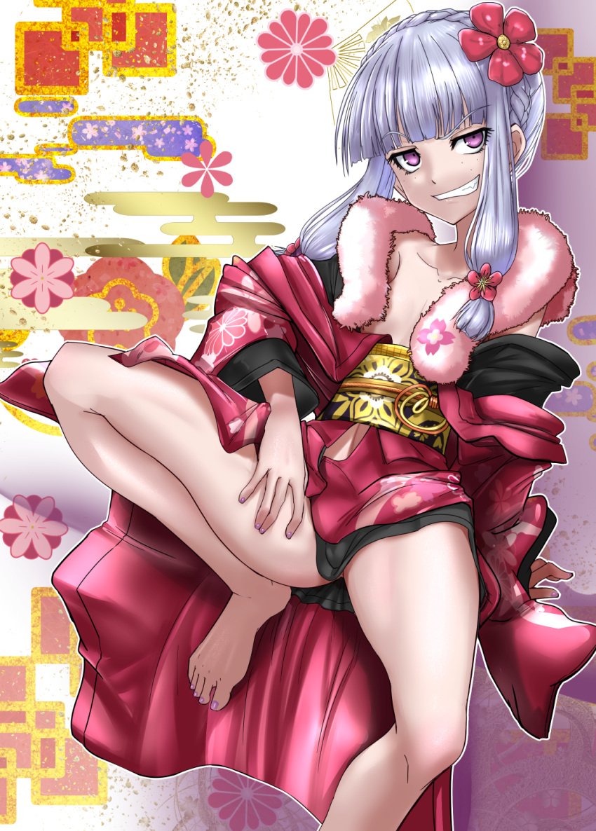 agria_(new_year)_(tales) agria_(tales) blunt_bangs braid commission feet female flower flower_pin freckles fur-trimmed_kimono fur_trim grin hair_flower hair_ornament highres japanese_clothes kimono long_hair looking_at_viewer nail_polish obi obijime official_alternate_costume pink_nails pochiiru_(uowou) purple_eyes red_flower red_kimono sash shirt_under_kimono sitting smile solo spread_legs tales_of_(series) tales_of_asteria tales_of_xillia teeth white_hair