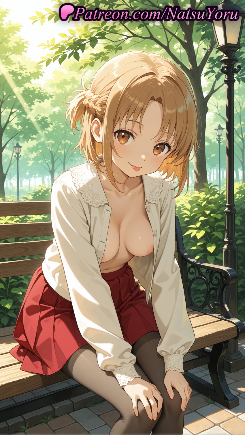 1girls 2025 ai_assisted ai_generated anime anime_style areola_slip asuna_(sao) bangs bench black_pantyhose blonde_hair blouse blush braid breasts brown_eyes brown_hair brown_pantyhose bush bust busty closed_mouth clothing collarbone collared_shirt day dress_shirt feet_out_of_frame female female_focus female_only french_braid half_updo hands_on_own_knees hi_res high_quality high_resolution highres lamppost long_sleeves looking_at_viewer medium_breasts miniskirt natsuyoru navel nipple_slip nipples nipples_outside no_bra on_bench open_clothes open_shirt outdoors pantyhose park park_bench parted_bangs patreon pleated_skirt red_skirt shirt short_hair short_ponytail sitting sitting_on_bench skirt smile solo solo_female stable_diffusion sunlight sword_art_online sword_art_online_alicization thighband_pantyhose tongue tongue_out tree unbuttoned uncensored_nipples voluptuous voluptuous_female white_shirt yuuki_asuna