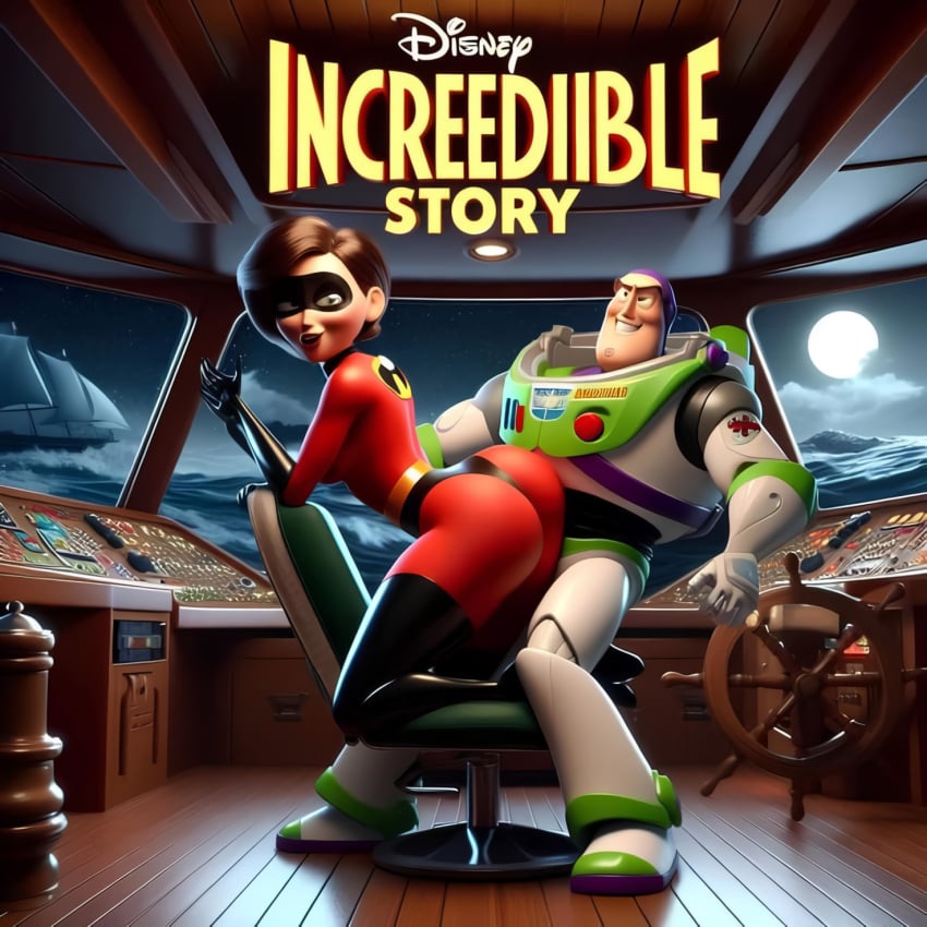 1boy 1girls ai_generated big_ass bodysuit buzz_lightyear crossover disney elastigirl helen_parr short_hair tagme the_incredibles thick_ass thick_thighs toy_story