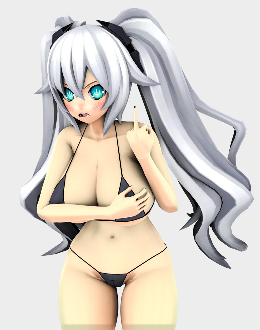 1girls 3d annoyed big_breasts bikini black_bikini black_heart blush breast_hold breasts busty cameltoe child_bearing_hips covering covering_breasts female female_only green_eyes hi_res large_breasts long_hair looking_at_viewer middle_finger navel neptunia_(series) noire open_mouth solo teeth thong_bikini tongue twintails voluptuous white_hair