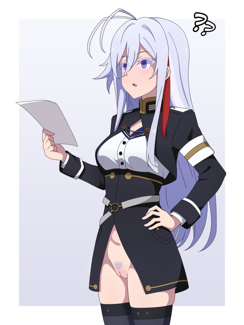 86_-eightysix- :o ? ?? absurdres ahoge ai_assisted antenna_hair belt black_thighhighs border bottomless breasts female female_pubic_hair guilegaze hair_between_eyes hand_on_own_hip highres holding holding_paper hypnosis long_hair looking_ahead medium_breasts military_uniform mind_control multicolored_hair o-ring o-ring_belt open_mouth paper pubic_hair purple_eyes pussy solo standing streaked_hair textless_version thighhighs unaware uncensored very_long_hair vladilena_millize white_border white_hair