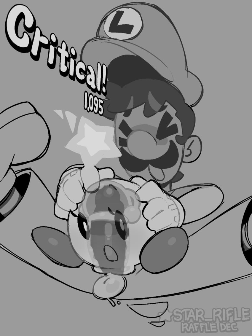 1boy 1girls balls closed_eyes clothing colorless dialogue duo erection facial_hair female genitals gloves gray_background hands_on_head hat interspecies larger_male legs_apart luigi male male/female mammal mario_(series) mario_and_luigi_(series) moustache nintendo open_mouth penis penis_in_pussy sex size_difference smaller_female star_rifle starlow straight straight_sex text vaginal_sex x-ray