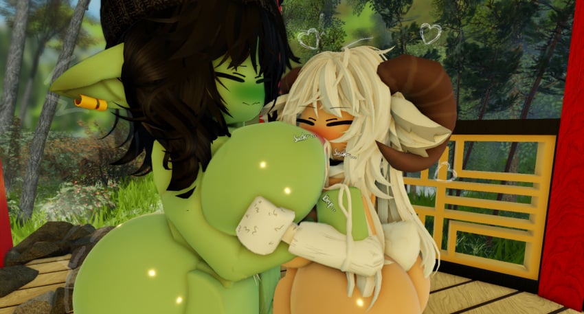 3d asu(needyasuu) black_hair breast_sucking breasts goblin_female green_body horns lactating lactation lamb milk needyasuu outside pierced_ears roblox robloxian size_difference sucking_nipple sucking_nipples white_fur white_hair yuri