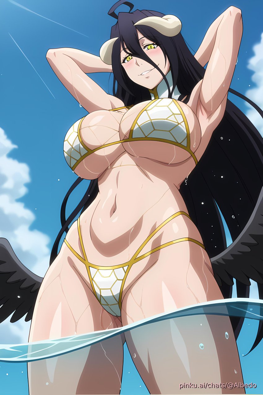 ai_generated aichat albedo_(overlord) angel_wings beach bikini black_hair candid demongirl_demoness ecchi large_breasts long_hair overlord overlord_(maruyama) pinku pinku.ai pinkuai solo solo_female succubus succubus_horns yellow_eyes