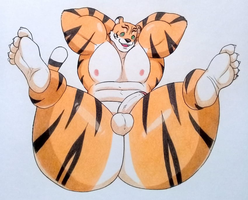 2024 anthro anthro_only ass balls big_butt big_muscles black_stripes cnb2804 feet felid fur genitals green_eyes hands_behind_head hi_res huge_butt huge_thighs humanoid_genitalia humanoid_penis lucky_(cnb2804) male male_only mammal muscular muscular_anthro muscular_male nipples open_mouth orange_body orange_fur pantherine pecs penis pink_nipples pink_tongue simple_background solo stripes thick_thighs tiger tongue traditional_media_(artwork) white_background white_balls white_feet white_penis