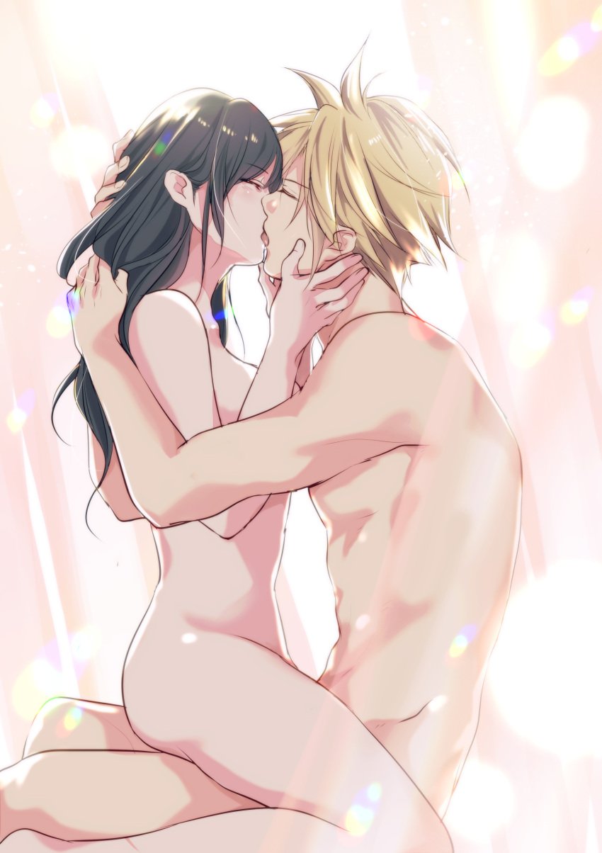 1boy 1girls absurdres black_hair blonde_hair breasts closed_eyes cloud_strife completely_nude couple cowgirl_position facing_another female final_fantasy final_fantasy_vii french_kiss from_side gogochi55 hand_in_another&#039;s_hair hand_on_another&#039;s_head hands_on_another&#039;s_face highres kissing kissing_while_penetrated light_particles long_hair medium_breasts nude profile sex short_hair sitting sitting_on_lap sitting_on_person spiked_hair straight tifa_lockhart