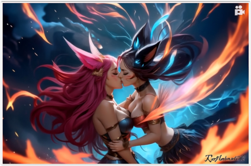 2girls ahri ai_generated female league_of_legends lesbian_couple lesbian_focus lesbian_kiss vastaya xayah yuri