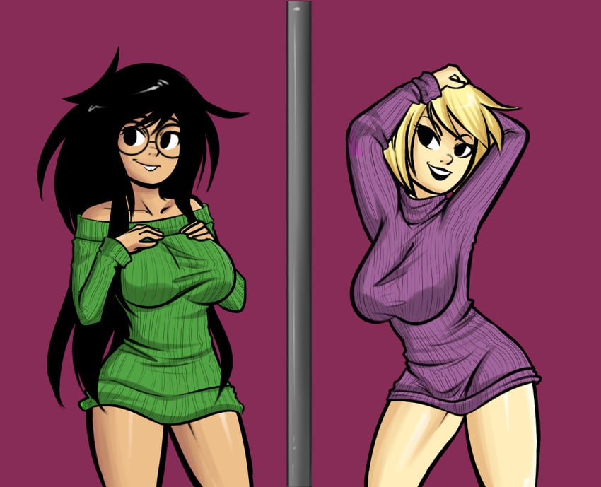 2girls alternate_version_available clothed crablouse female homestuck human jade_harley large_breasts pole rose_lalonde standing sweater