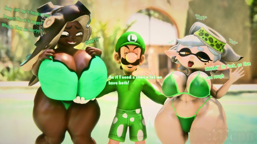 1boy 2girls 3d auttoman big_breasts big_thighs bikini bikini_bottom bikini_top breasts cephalopod cephalopod_humanoid closed_eyes clothing crossover dark-skinned_female dark_skin dialogue english_text enormous_breasts enormous_thighs facial_hair female gigantic_breasts gigantic_thighs gloves grabbing_ass grabbing_breasts green_bikini green_bikini_bottom green_bikini_top green_hat green_shirt green_shorts huge_breasts huge_thighs humanoid large_breasts large_thighs light-skinned_female light-skinned_male light_skin luigi male marie_(splatoon) marina_(splatoon) mario_(series) massive_breasts moustache nintendo outdoors pool shirt shorts smile splatoon splatoon_2 squid squid_humanoid tentacle testicle thick_thighs voluptuous voluptuous_female water wide_hips