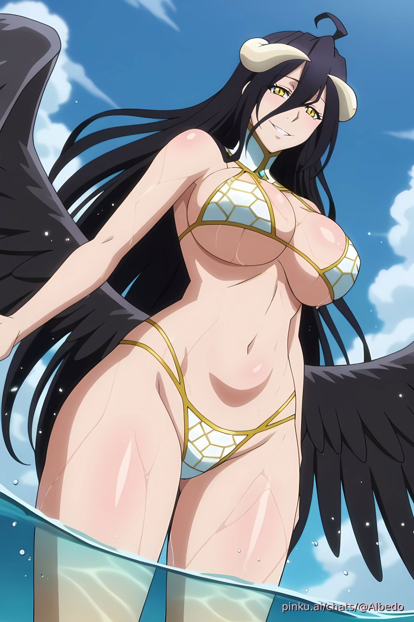 ai_generated aichat albedo_(overlord) angel_wings beach bikini black_hair candid demongirl_demoness ecchi large_breasts long_hair overlord overlord_(maruyama) pinku pinku.ai pinkuai solo solo_female succubus succubus_horns yellow_eyes