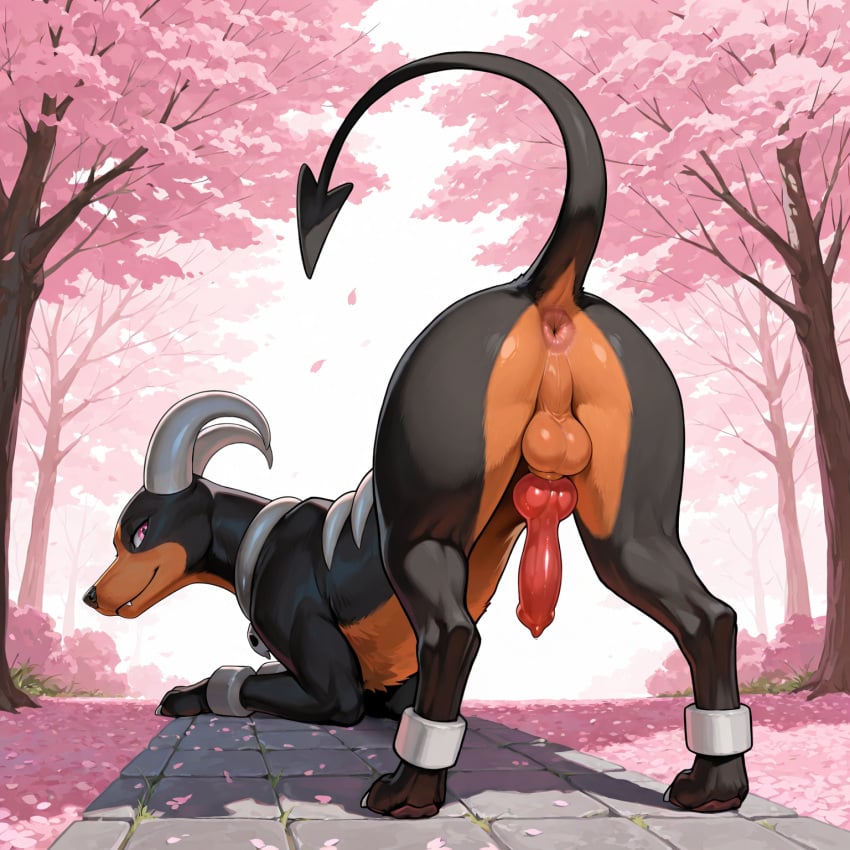 ai_generated animal_genitalia animal_penis anus ass_up balls black_body black_fur brown_body brown_fur canid canine canine_genitalia canine_penis cherry_blossom cherry_blossom_tree cherry_tree claws detailed_background feral firewolf890 fruit_tree fur generation_2_pokemon genitals hi_res horn houndoom knot looking_at_viewer looking_back looking_back_at_viewer male mammal nintendo outside path paws penis plant pokemon pokemon_(species) presenting presenting_anus seductive solo toe_claws tree