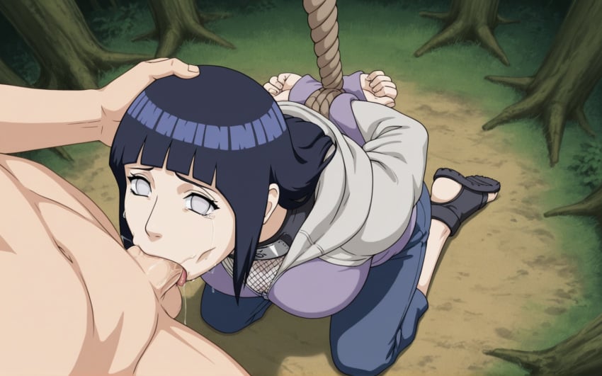 1boy 1girl ai_generated big_breasts deepthroat forest hyuuga_hinata naruto_(series) rape saliva tears tongue_out zozo_2626