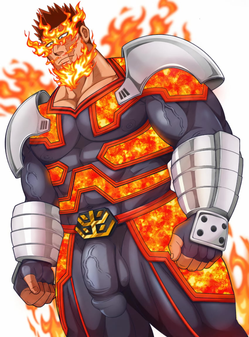 1boy abs areolae_visible_through_clothing armor balls balls_under_clothes bara beefy biceps big_areola big_breasts big_glans big_hands big_penis blurry_background boku_no_hero_academia buckle burn_scar burning circumcised clenched_hand clothed daddy dilf endeavor_(boku_no_hero_academia) endeavor_(my_hero_academia) enji_todoroki fingerless_gloves fingernails fire flaccid flame gauntlets gay genital_outline gloves hero_outfit_(mha) hi_res huge_cock hunk looking_down male male_breasts male_only manly mature_male muscles muscular muscular_arms muscular_legs muscular_male muscular_thighs mustache_stubble my_hero_academia navel nomadonoama1 on_fire oppai pecs penis penis_bigger_than_head quadriceps quirk_(mha) red_hair sanpaku scar scar_on_face short_hair shoulder_armor six_pack small_pupils solo spiky_hair standing teal_eyes thick thick_arms thick_neck thick_penis thick_thighs tight_clothing tough_guy triceps uncensored veiny_arms veiny_penis vent white_background wristwear yaoi