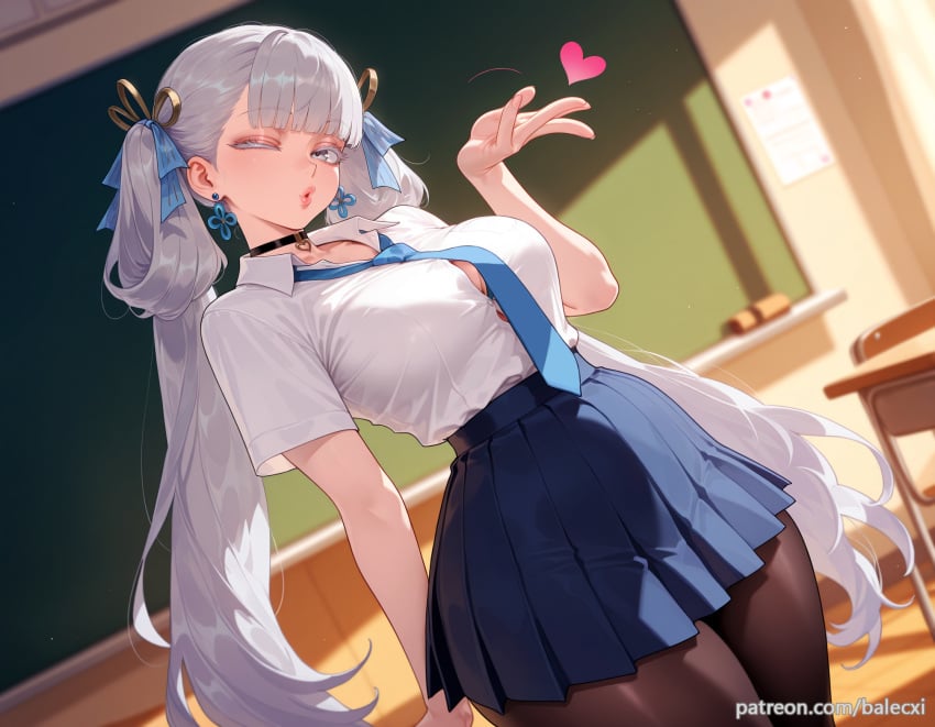 ai_generated balecxi blue_necktie blue_ribbon blue_skirt chalkboard choker classroom desk earrings female hair_ribbon heart indoors jewelry jinhsi_(wuthering_waves) large_breasts long_hair looking_at_viewer one_eye_closed pantyhose patreon_username pleated_skirt school_uniform shirt_tucked_in short_sleeves solo thighs twintails white_hair white_shirt wuthering_waves