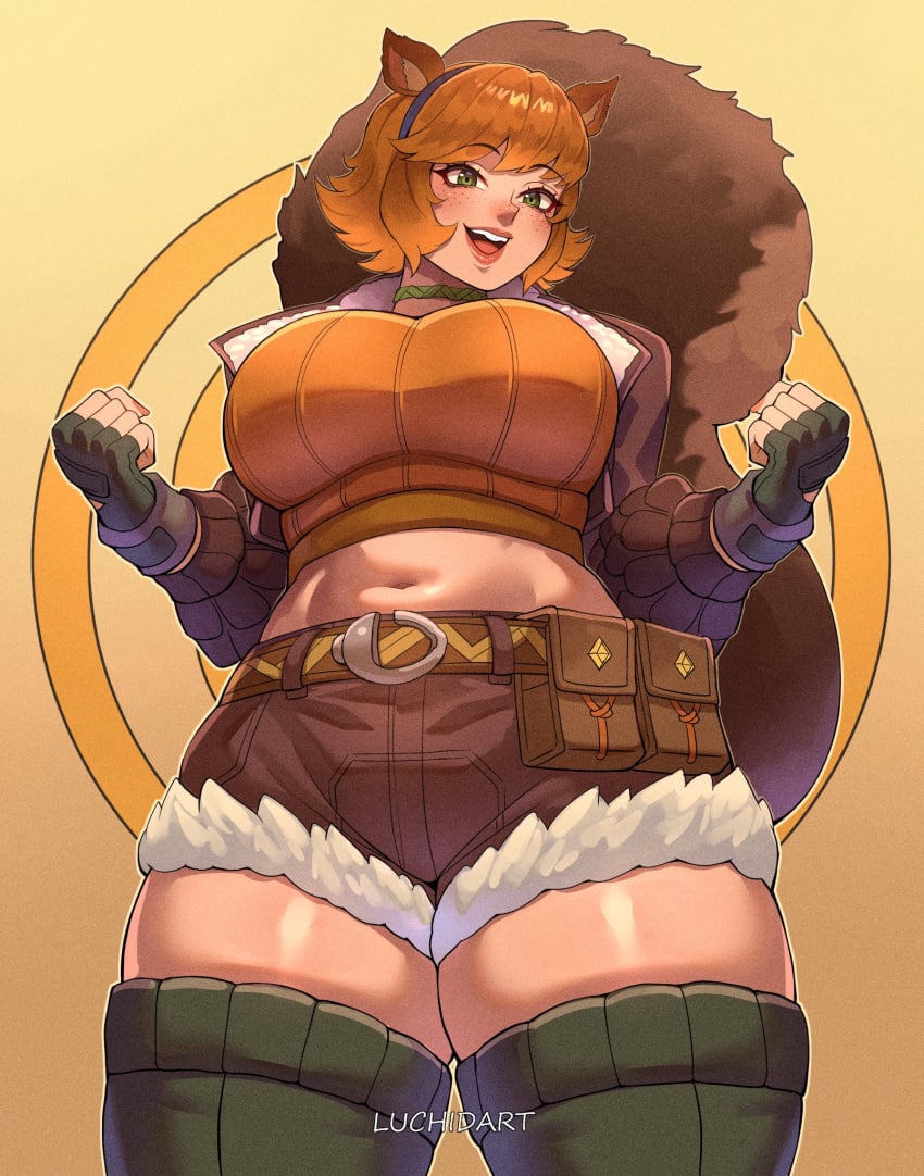 best_girl black_gloves booty_shorts breasts choker daisy_dukes female female female_only fingerless_gloves freckles freckles_on_face gloves green_eyes heroine large_breasts luchidart marvel midriff midriff_baring_shirt navel orange_hair orange_topwear pale_skin pale_skinned_female short_shorts shorts squirrel_ears squirrel_girl_(marvel) squirrel_girl_(marvel_rivals) squirrel_tail thick_thighs wide_hips