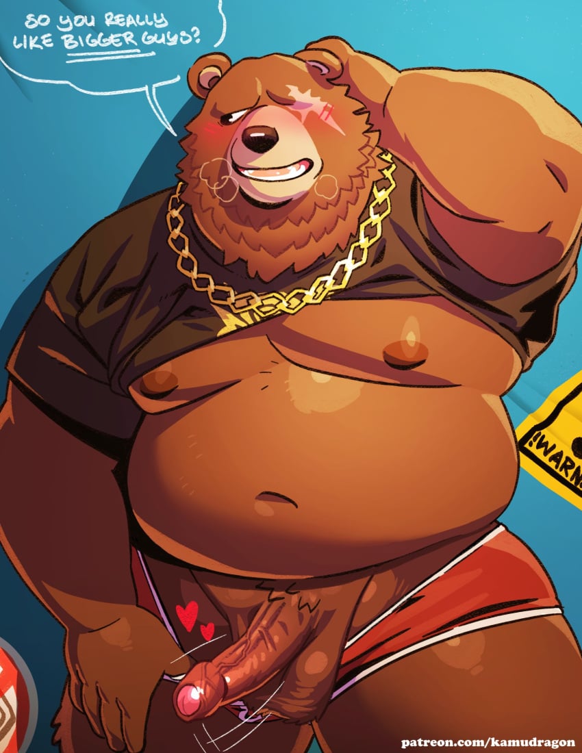 1boy animal_ears arm_behind_head artist_name bara bear_boy bear_ears belly ben_bigger black_shirt blush brown_fur chain_necklace chains english_commentary english_text erection fat foreskin furry furry_male highres jewelry kamudragon looking_to_the_side male_focus male_underwear navel necklace nipples open_mouth patreon_username pectorals penis plump puff_of_air red_male_underwear scar scar_across_eye shirt shy smile speech_bubble testicles underwear veins veiny_penis zenless_zone_zero