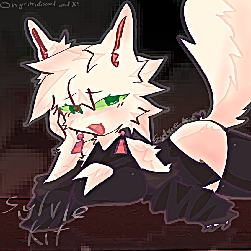 accessory ass blush breasts cat_ears cat_tail eyebrows eyes eyes_open feline fluffy_tail fur green_eyes hair hand hand_on_chin kit_community mouth neck open_mouth smile sylvie_kit white_skinned_female