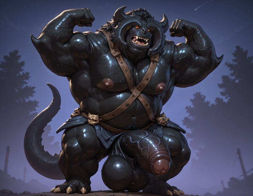 1boy abs ai_generated balls bara belly black_body booster_rex bular erection full_body glowing_eyes horns large_pectorals male male_focus male_only muscular muscular_male navel night nipples nude nudity outdoors pectorals penis plump solo teeth testicles thighs trollhunters uncensored veins