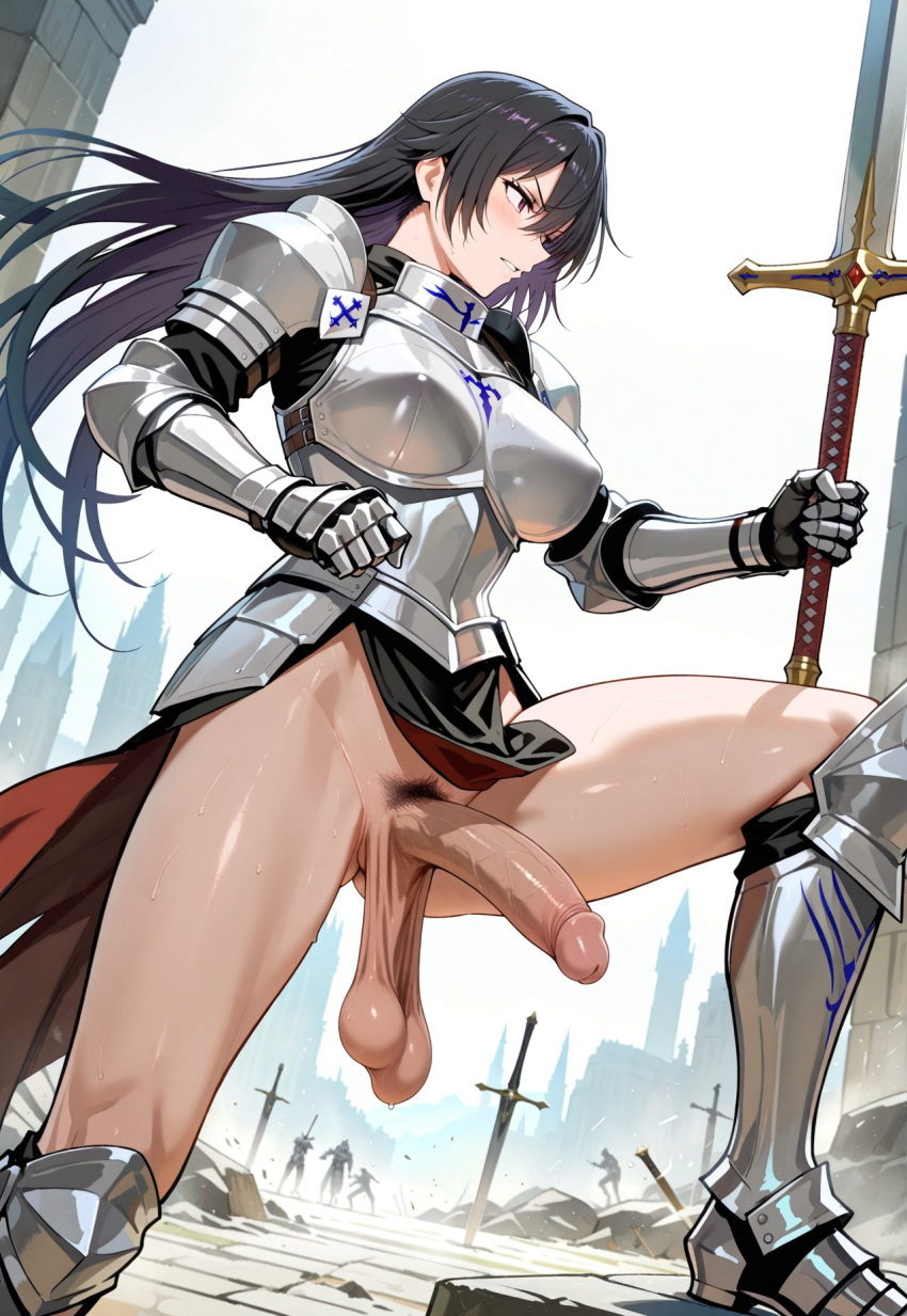 ai_generated armor big_balls big_penis black_hair futanari holding_weapon long_hair no_panties original_character pubic_hair sagging_balls side_view sword