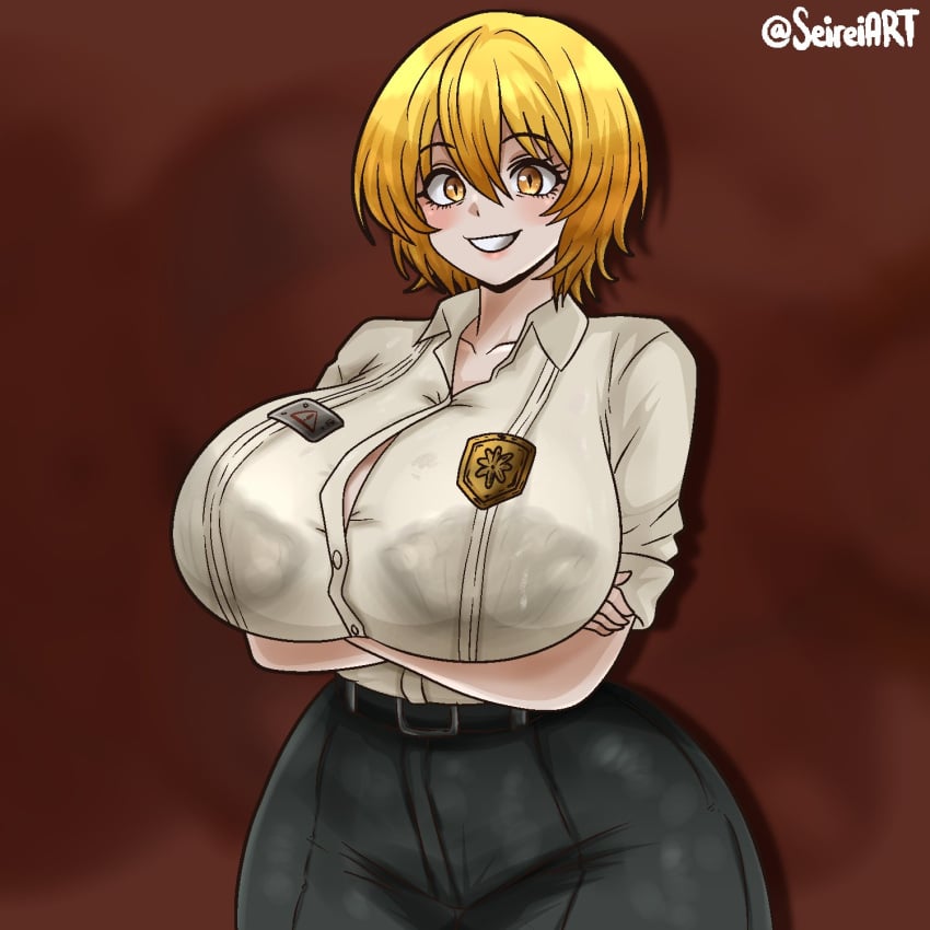 1girls artist_name big_breasts blonde_hair bra_visible_through_clothes breasts clothed_female don_quixote_(limbus_company) light-skinned_female limbus_company project_moon seireiart short_hair smile solo solo_female thick_thighs thighs watermark yellow_eyes