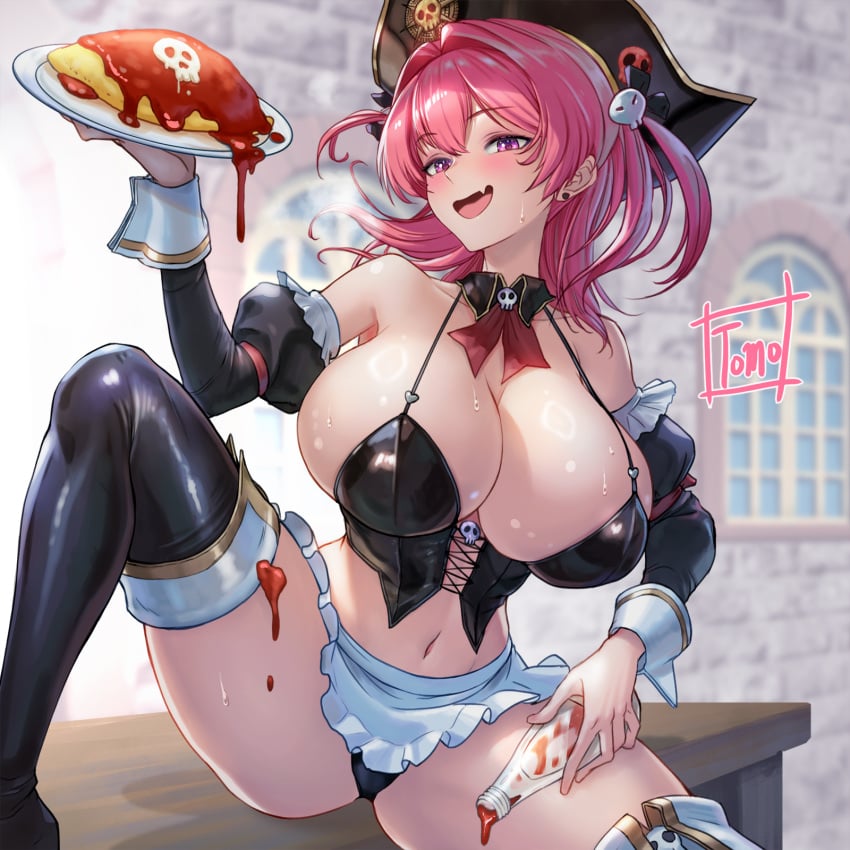 apron artist_name bikini bikini_bottom_only black_bikini black_corset black_footwear bottle breasts cleavage corset fangs female food goddess_of_victory:_nikke hat highres holding holding_bottle holding_plate huge_breasts long_hair maid_apron mast_(nikke) mast_(romantic_maid)_(nikke) midriff navel official_alternate_costume omelet omurice outdoors pink_eyes pink_hair pirate_hat plate skin_fang solo swimsuit tomo_eokaiteru white_apron