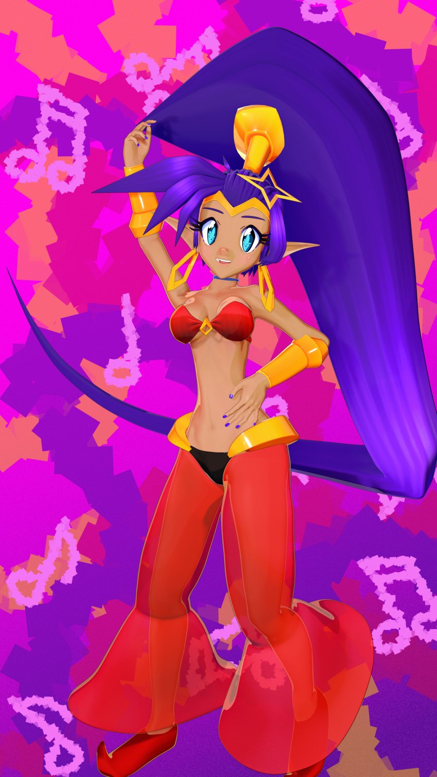 3d_(artwork) arm_wear bikini_top cleavage clothed colored_nails ear_piercing earrings female hair_ornament harem_outfit long_ears long_hair looking_at_viewer not_porn painted_nails piercing sfw shantae shantae_(character) solo solo_female stikcs transparent_clothing underboob wayforward