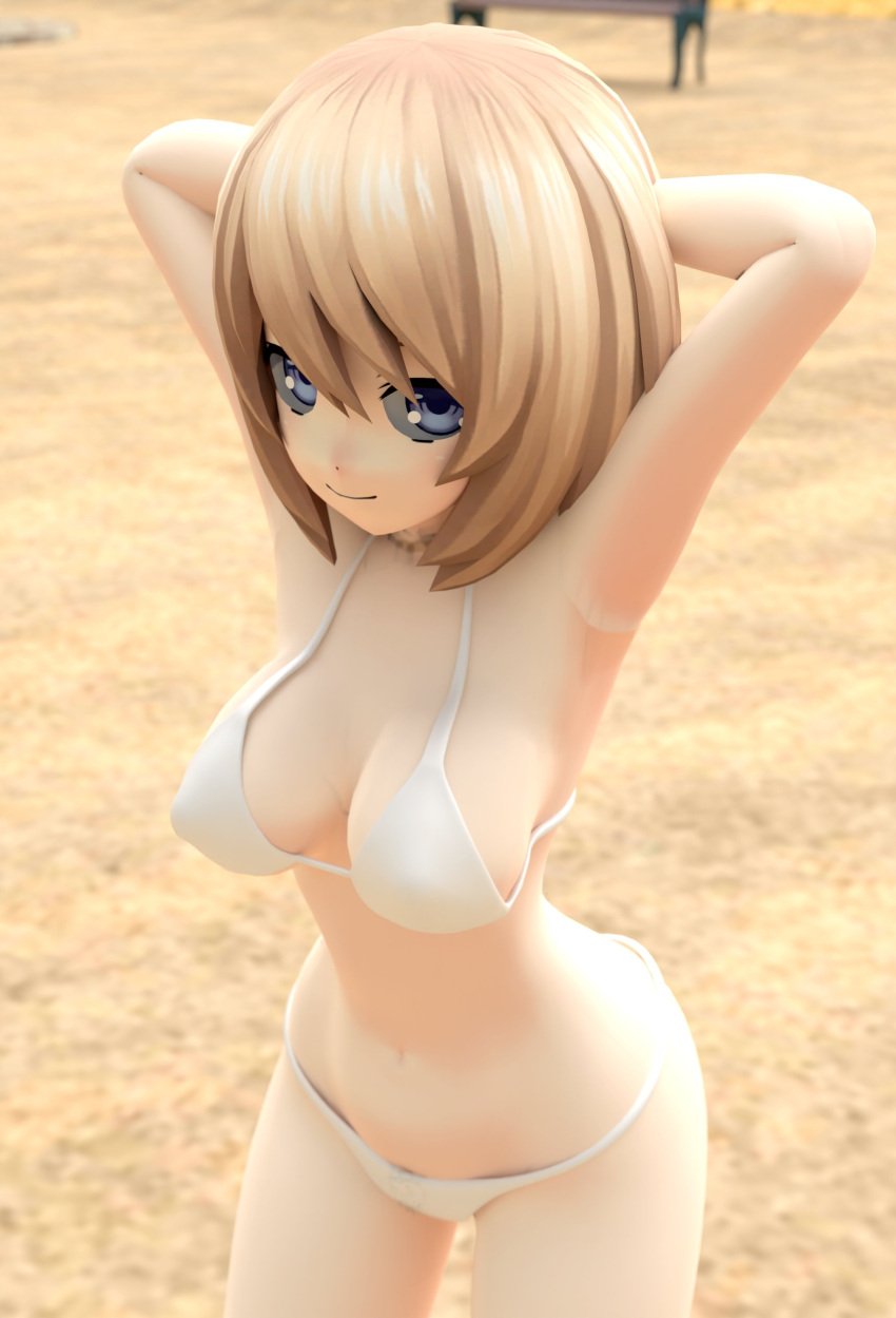 1girls 3d alternate_breast_size armpits arms_behind_head beach big_breasts bikini blanc blue_eyes breasts brown_hair busty cleavage confident covered_nipples female female_only hi_res large_breasts legs looking_at_viewer navel neptunia_(series) pose posing seductive seductive_look seductive_smile sexy_armpits short_hair sideboob smile solo thighs voluptuous white_bikini