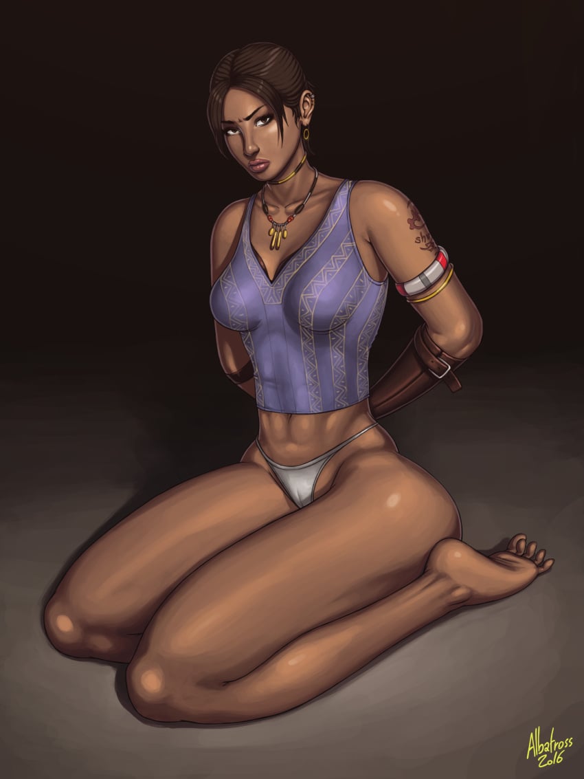 1futa 2016 african albatross_(artist) areola armband breasts brown_eyes brown_hair dark_skin earrings hoop_earrings hourglass_figure jewelry large_breasts lips necklace nipples panties resident_evil resident_evil_5 ripped_clothing sheva_alomar solo transformation