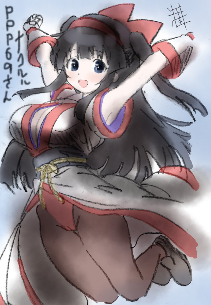 1girls ainu_clothes alternate_hairstyle armpits arms_up artist_name big_breasts black_hair blue_eyes breasts busty cameltoe cleavage clenched_hands female female_only fingerless_gloves gloves hair_ribbon highres jumping king_of_fighters large_breasts legs leotard long_hair looking_at_viewer nakoruru open_mouth pantyhose pink_lips pose posing ribbon samurai_shodown smile snk solo thighs tongue traditional_media traditional_media_(artwork) twintails very_long_hair voluptuous