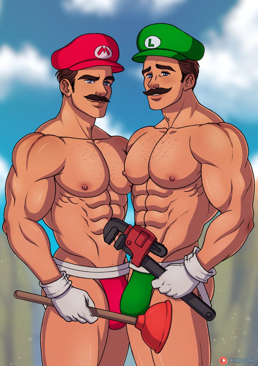 2boys abs biceps blue_eyes brother/brother brothers brown_hair bulge chest clothing duo facial_hair fit fit_male gay gay_incest gloves green_hat green_speedo hat holding_object incest kappax light-skinned_male light_skin luigi male male/male male_nipples manly mario mario_(series) mature mature_male mature_man mostly_nude moustache muscular muscular_arms muscular_male nintendo nipples outdoors pecs plumber plunger red_hat red_speedo speedo thick_eyebrows triceps white_gloves wrench