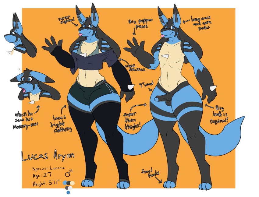 anthro blep blue_eyes booty_shorts character_sheet crop_top femboy foreskin fur furry glasses jeffthehusky lucario lucas_arynn male nintendo pokemon thick_thighs thighhighs uncircumcised unclelu uncut