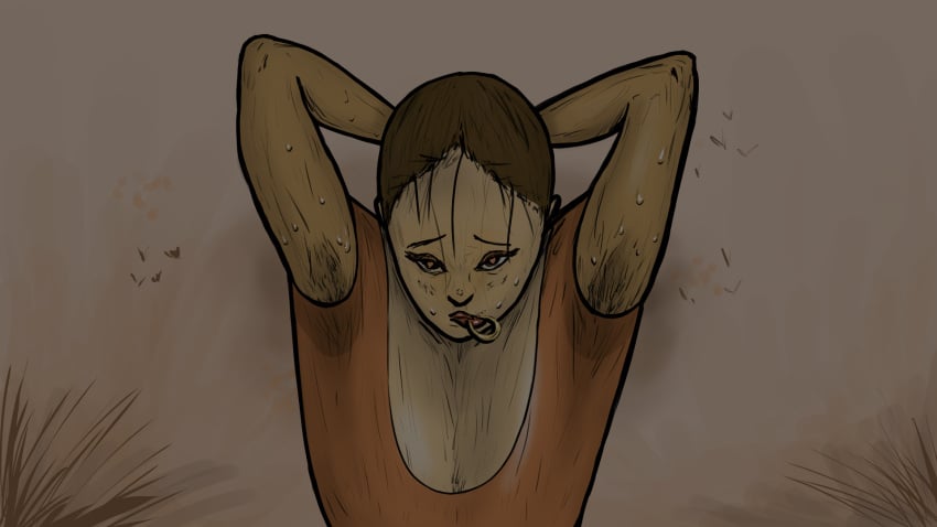 1female armpits arms_behind_head arms_up biting_lip breasts female_only hairy_armpits human original_artwork original_character stinky sweatdrop sweating sweaty tying_hair wet