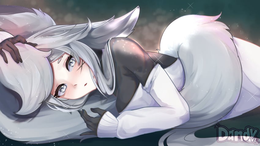 animal_ears artist_name bangs black_gloves blush breasts dya_rikku_(vtuber) elbow_gloves female fox_ears fox_tail gloves grey_eyes grey_hair hand_on_another's_head horse_girl long_hair long_sleeves looking_at_viewer lying on_stomach parted_lips petting signature silver_hair solo tail vyugen