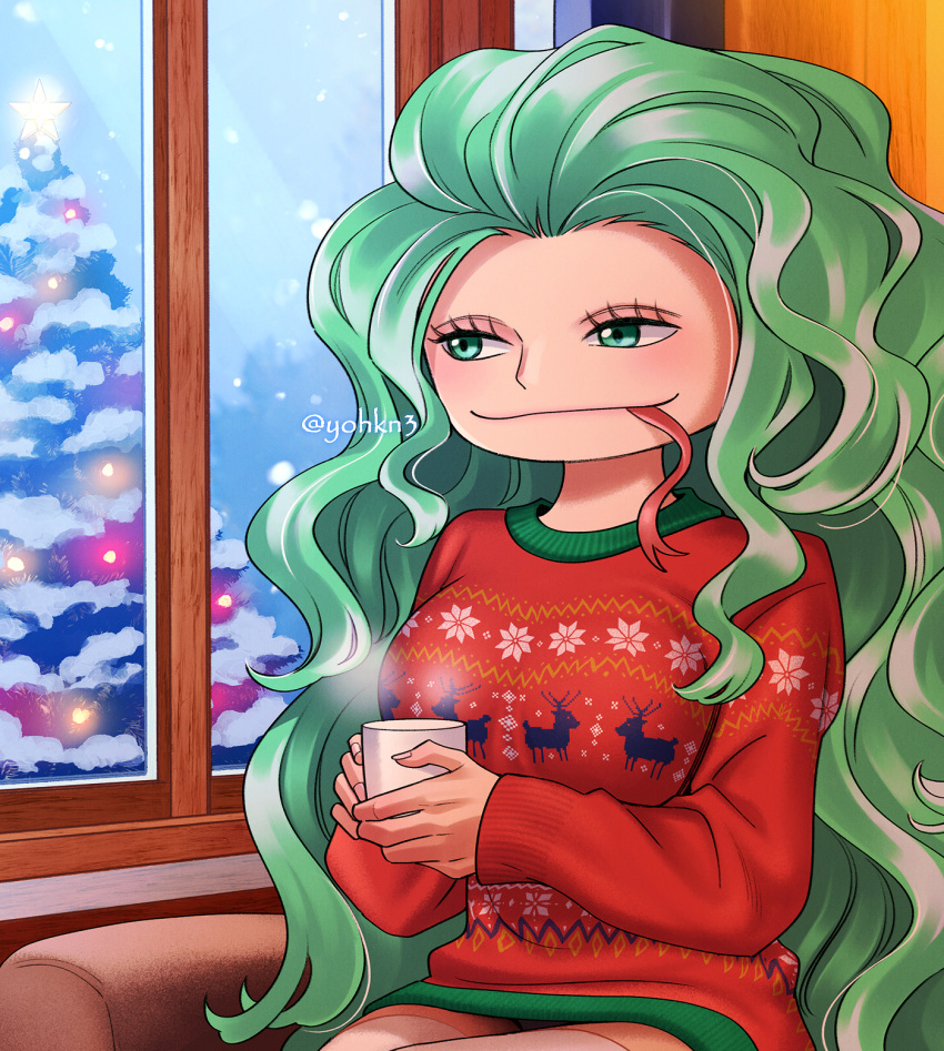 1girls big_head boa_sandersonia christmas christmas_lights christmas_sweater forked_tongue green_eyes green_hair huge_breasts long_hair long_tongue mug not_porn snow yohkn3 youkan