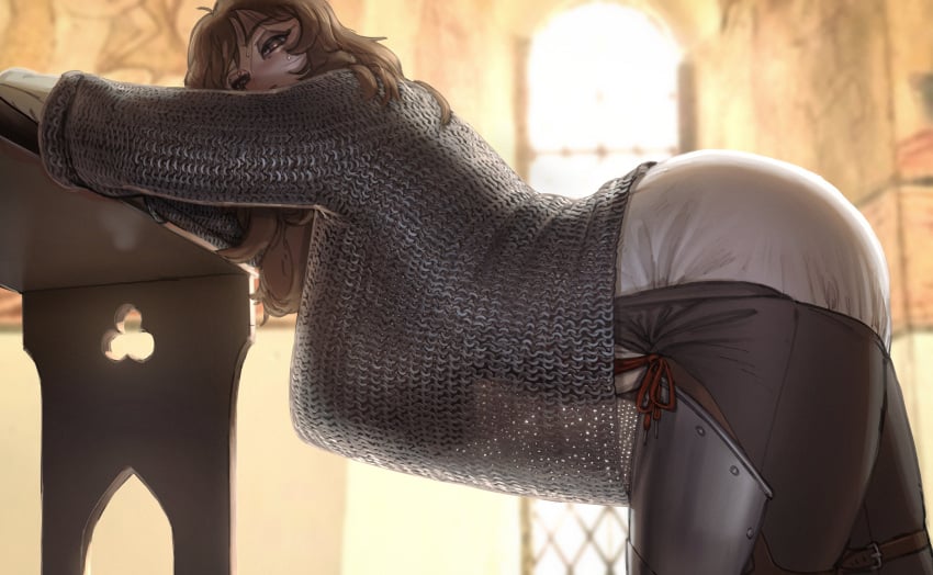 bent_over_table brown_hair chainmail tagme tagme_(character) wassnonnam