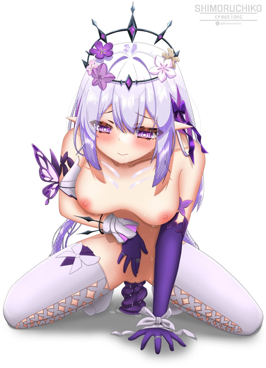 absurdres arm_support artist_name bare_shoulders black_crown black_tiara blush breasts bug butterfly castorice_(honkai:_star_rail) closed_mouth collarbone crotch_rub crown crown_of_thorns dildo dildo_riding drooling female female_masturbation flower flower_ornament full_body gloves hair_between_eyes hair_flower hair_ornament hair_ribbon head_wreath highres honkai:_star_rail honkai_(series) legs long_hair looking_down masturbation medium_breasts nipples nude object_insertion pointy_ears purple_butterfly purple_eyes purple_flower purple_gloves purple_hair purple_hands purple_ribbon pussy pussy_juice pussy_juice_puddle ribbon saliva sex_toy shimoruchiko simple_background solo spread_legs sweat thick_thighs thighhighs thighs tiara twitter_username uncensored vaginal_object_insertion vaginal_penetration white_background