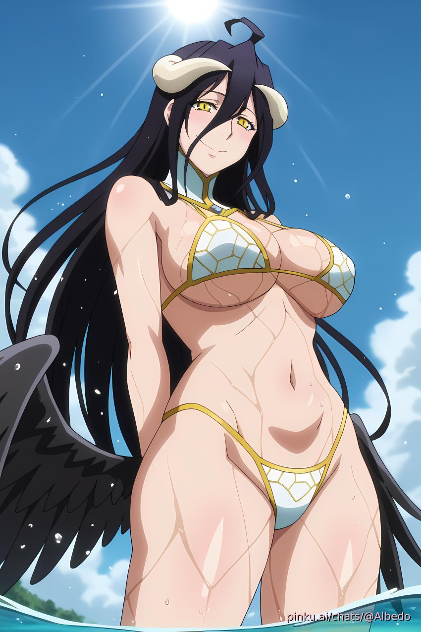 ai_generated aichat albedo_(overlord) angel_wings beach bikini black_hair candid demongirl_demoness ecchi large_breasts long_hair overlord overlord_(maruyama) pinku pinku.ai pinkuai solo solo_female succubus succubus_horns yellow_eyes