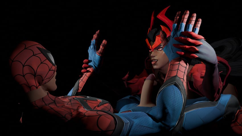 1boy 1girl1boy 3d 3d_render dominant_female female femdom functionally_nude gloved_hands gloves hellfire_club hellfire_gala holding_hands image imminent_oral imminent_sex marvel marvel_comics marvel_rivals masked_male oral peter_parker pinned_down scarlet_witch scarlet_witch_(marvel_rivals) shocked shocked_expression spider-man spider-man_(marvel_rivals) spider_man superhero tiara tongue_out wanda_maximoff