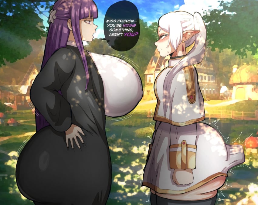 2girls alternate_breast_size ass bangs big_ass big_breasts breasts bubble_butt busty clothed clothing dialogue dialogue_box dumptruck_ass elf elf_ears elf_female english_text eyelashes female female_focus fern_(sousou_no_frieren) frieren green_eyes huge_ass huge_breasts large_breasts light-skinned_female light_skin lips long_ears long_hair multiple_girls no_sex open_eyes open_mouth outdoors outline pointy_ears purple_hair shiny_skin sidelocks sound sound_edit sound_effects sousou_no_frieren sweat sweating sweaty tagme theodyss thick_thighs thighs tied_hair twin_braids twintails voluptuous voluptuous_female white_hair