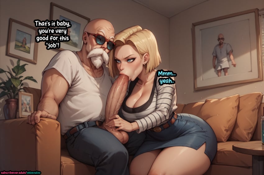 ai_generated android_18 big_breasts comic comic_panel english_text fellatio huge_cock jean_skirt master_roshi old_man older_male velzevulito wide_hips