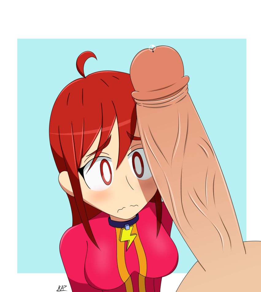 1boy 1girls big_penis blush brawl_stars female kaz_shuja max_(brawl_stars) penis penis_in_face red_eyes red_hair