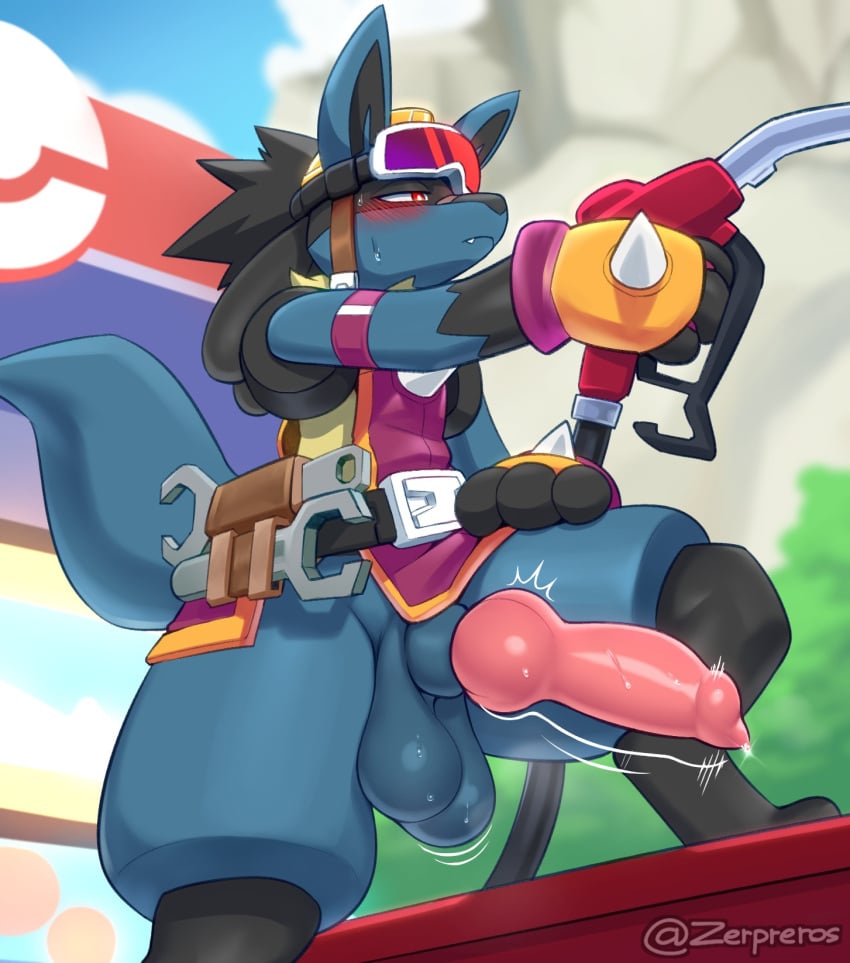 1boy animal_penis blush chest_spike closed_mouth erection fang_out furry furry_male gas_pump gas_pump_nozzle goggles goggles_on_head highres looking_to_the_side lucario male_focus oerba_yun_fang penis pokemon pokemon_(creature) sweatdrop tail testicles twitter_username wrench zerpreros